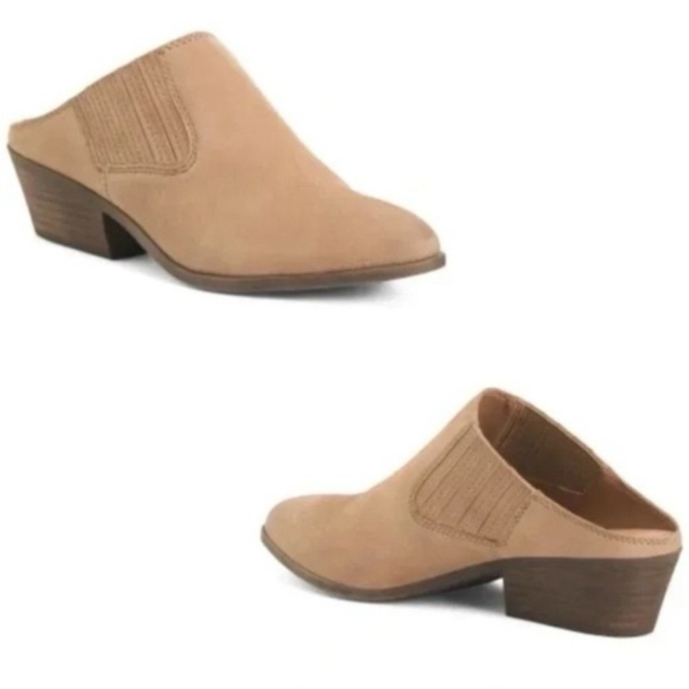 Frye Rowen Gore Mule Beige Suede Leather Block Heels
